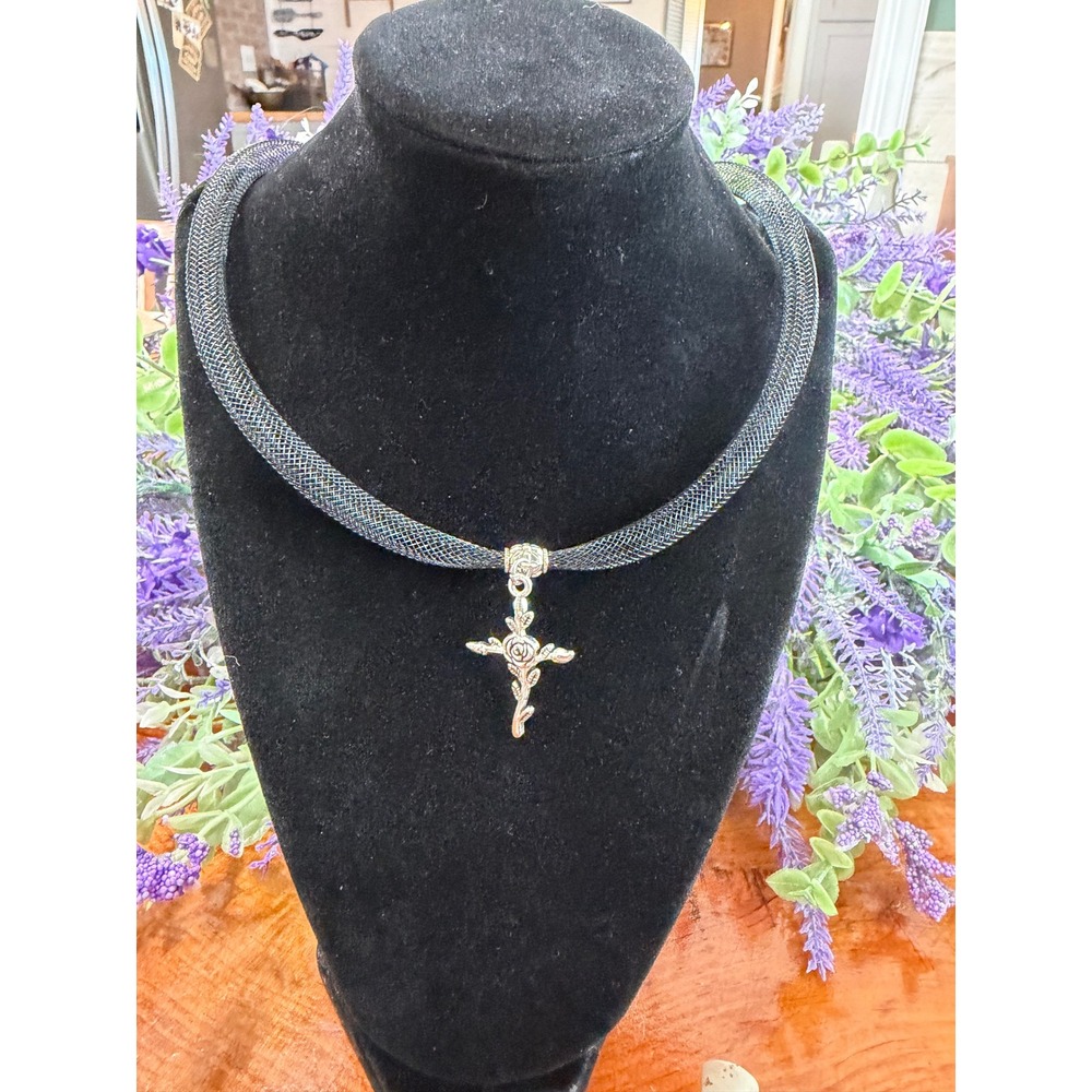 Silver Tone Rose Cross Pendant Black Mesh Cord Collar Necklace 18 Inch Clasp